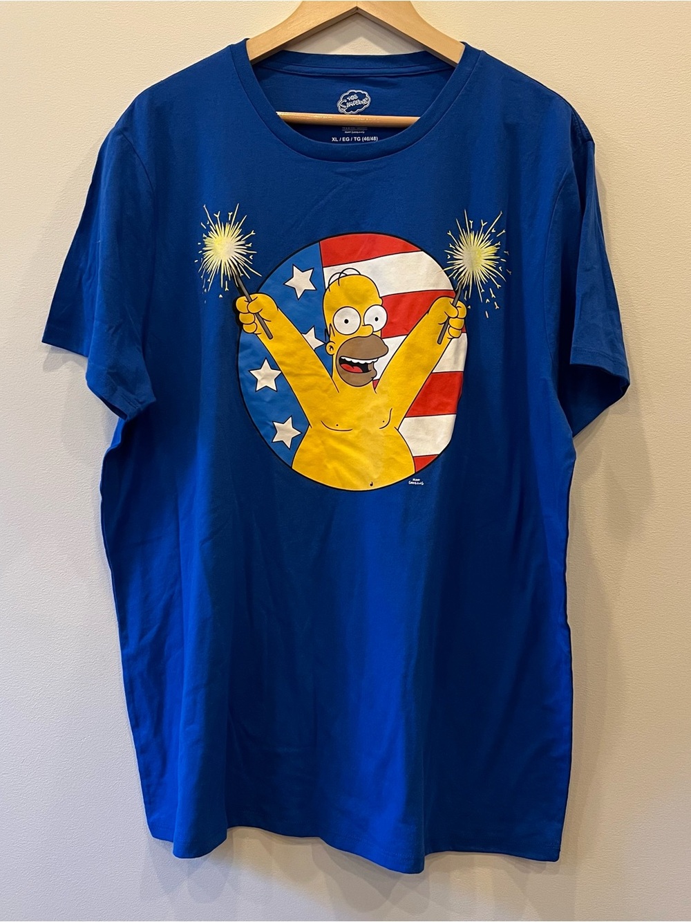 Homer Simpson Blue Sparklers American Flag T-shirt Cotton Blend XL NWOT